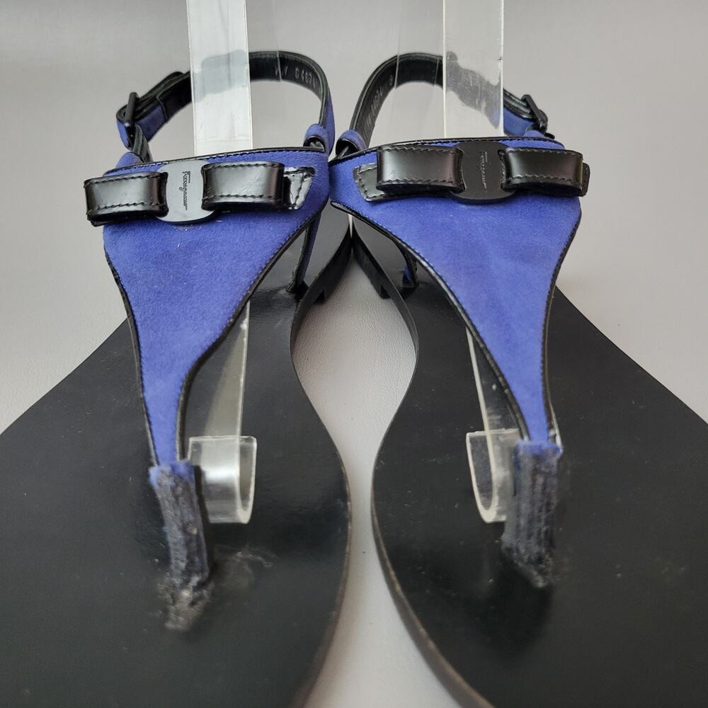 Salvatore Ferragamo Blue Suede Patent Thong Flat Sandals Bow Slingback Size 9 - Picture 7 of 11
